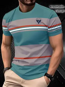 Men's Summer 3D Print Round Neck T-Shirt, Digital Stripe Geometric Pattern, Casual Classic Comfortable Short Sleeve Top, Polyester Knit Fabric