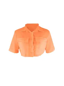 JOYPAY Women's Chic Short-Sleeve Cropped Button-Down Blouse, Fitted Lady Top with Pocket Detail, Basic Breathable Lightweight Polyester Dress Fabric, Green Casual Spring Womenswear