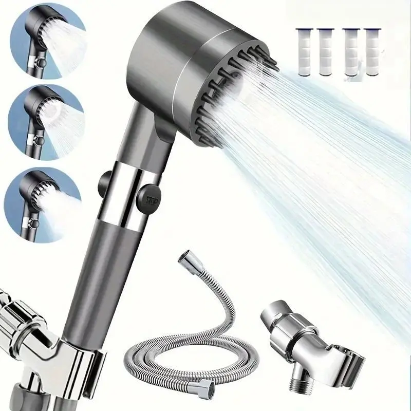 Stainless Steel Fixer+4 Filters Shower Head Set, 3 Adjustable Modes, Stainless Steel Panel & Adapters, Perfect Christmas Gift, Christmas Shower Head