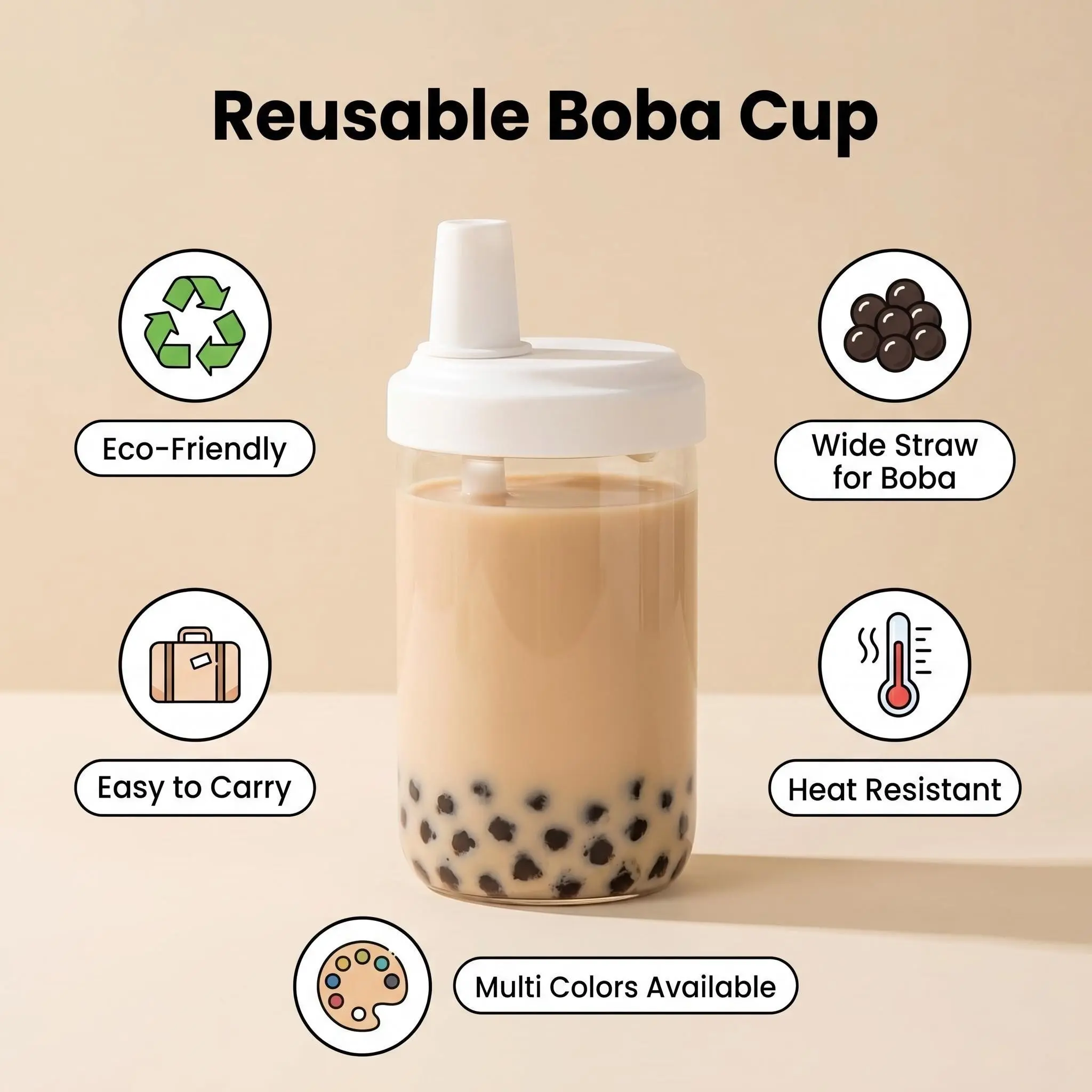 Reusable Milk Tea Cup with Pearl Straw, Convenient Portable Heat-Resistant Plastic Cup for Home Use, Eco-Friendly and Simple Design, Mug