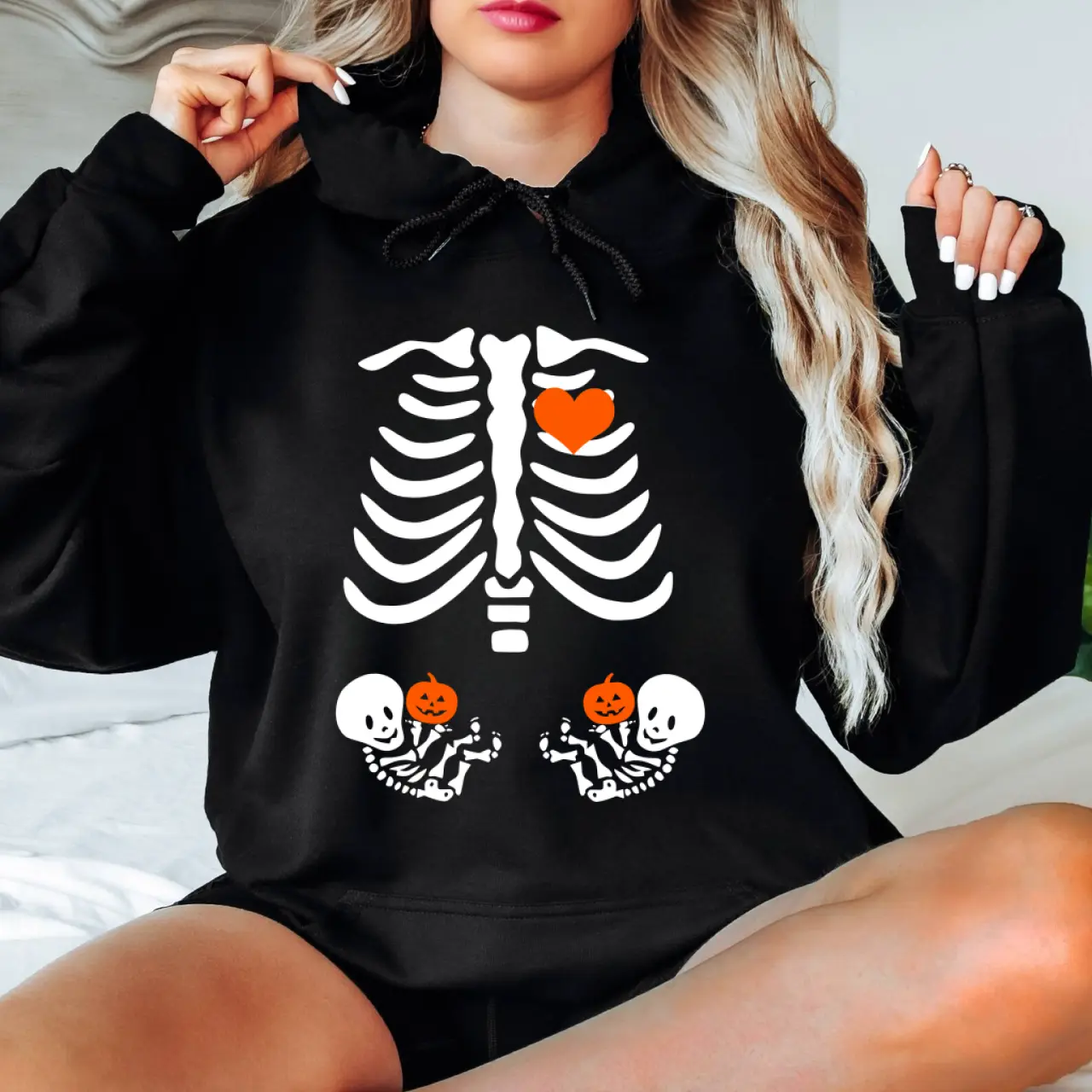 Halloween Twins Pregnancy Announcement Hoodie – Skeleton Maternity Pullover, Mommy-to-Be Costume & Fall Gift 2026