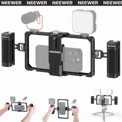 NEEWER PA009 Upgraded Handheld Mobile Phone Accessory - Vlogging Phone Rig Kit, Videography Equipment, Smartphone Camera Stabilizer with Dual Handle, Mic Clip Slot, Universal Cage, 1/4" Threads, 14.6"x5.4"x2.2", Fit for iPhone X/Android/Samsung