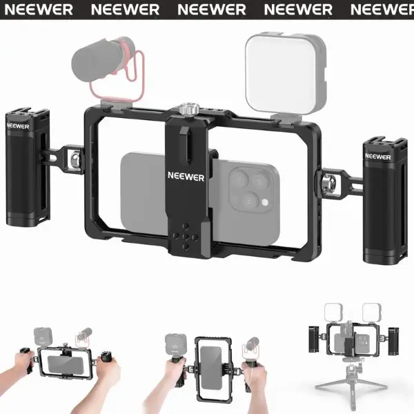 NEEWER PA009 Upgraded Phone Rig Vlogging Kit, Video Stabilizer with Dual Handle, Wireless Mic Clip Slot for TikTok YouTube, Compatible with iPhone/Andriod/Samsung