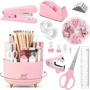 10 Pcs Pink Desk Accessories Set-360-Degree Rotating Pen Holder, Stapler, Staple Remover, Tape Dispenser, 2 Pcs Tape Refills, Binder Paper Clips Kit, Scissor - Pink Office Supplies