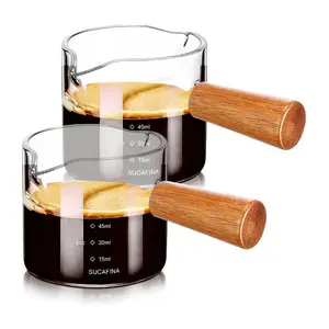Glass Espresso Shot Cup with Wooden Handle, Dual Spout Measuring Cup for Coffee Extraction, Heat Resistant Borosilicate Glass Coffee Mug, Premium Coffee Maker Accessory, Coffee Making, Coffee Equipment, Perfect Gift for Barista Coffee Lovers