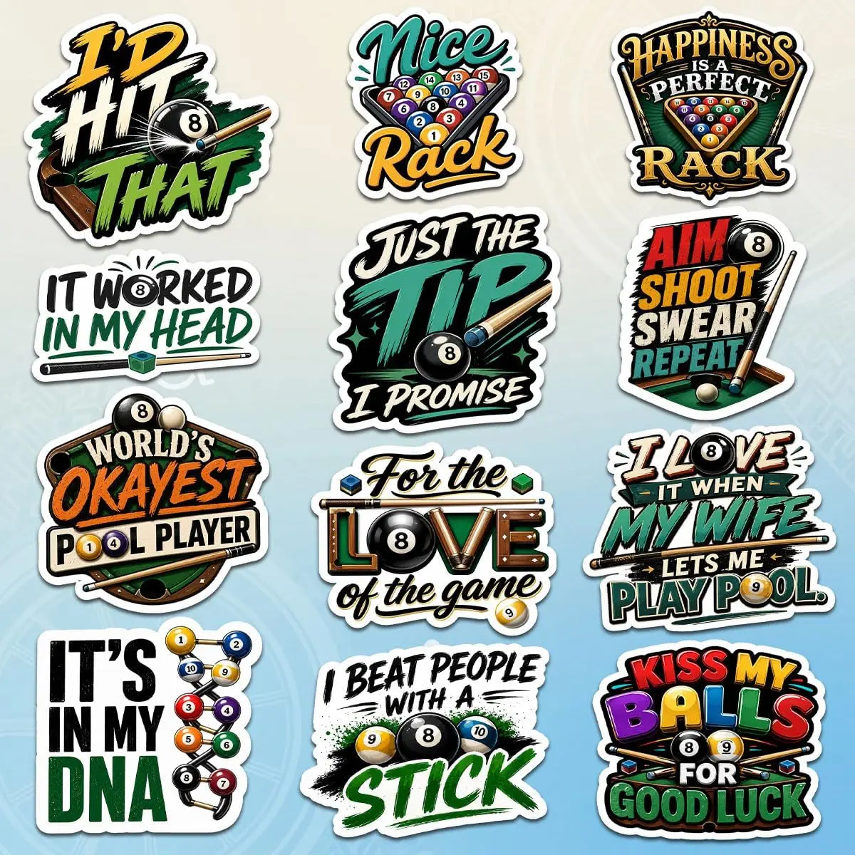Billiard Stickers Pack, Funny Billiards 8 Ball Vinyl Decals, Pool Player Humor Stickers Gifts for Men, Billiards Lovers Decorations for Laptop Water Bottle Phone Case Notebook Tumbler Car