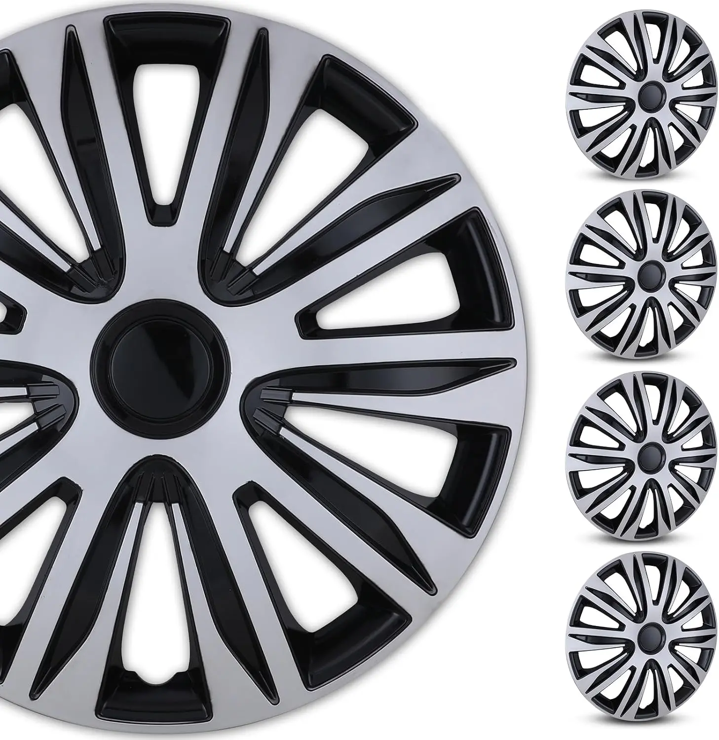 4-Pack 15 Inches Wheel Rim Cover 15'' Hubcaps, Silver & Black |   Redesign Fashion Style Replacement Hubcaps, Car Truck SUV Hub Accessories