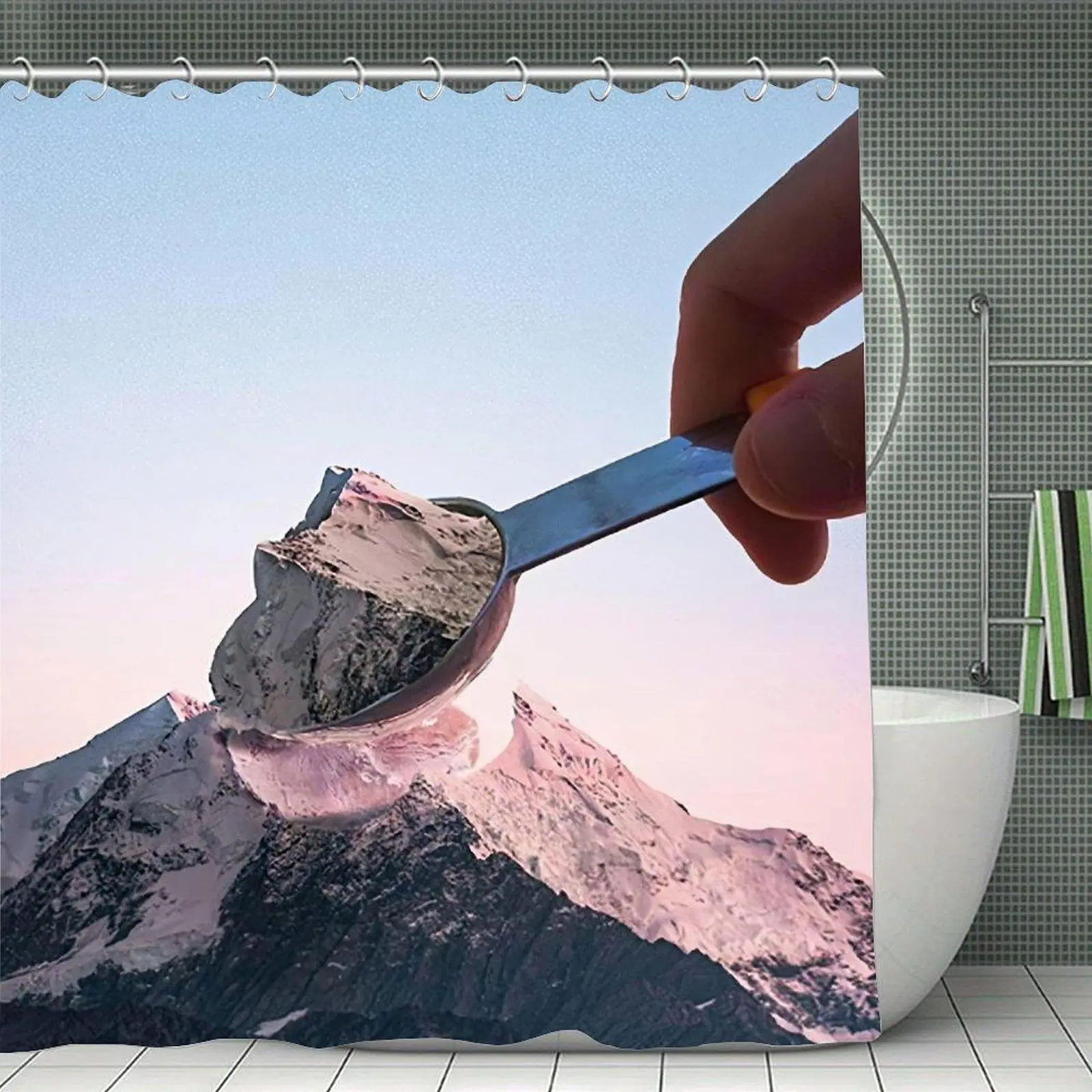 Surreal Ice Cream Scoop Holding Snow Mountain Peak Mountain Landscape Collage Waterproof Shower Curtain