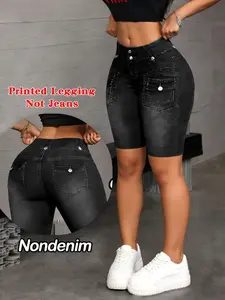 Women's Printed Leggings Non-Denim Fabric, Casual Fashion Tight Shorts, Elastic Fake Jeans Print, All-Season Comfort