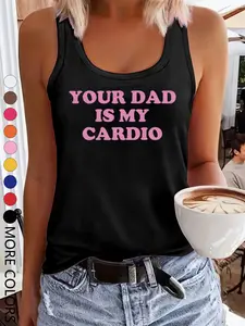 Women's Summer Fashion Letter Print Crop Top, Casual Loose Fit Sleeveless Vest Tank Top, Round Neck Heart Geometric Pattern, Multicolor Options, All Seasons Wear