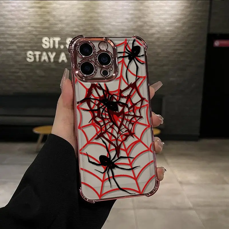 Customized Silicone Protective Casing, Red Web & Black Spider Pattern TPU Phone Case - 4-Corner Drop-Proof, Shockproof, Slim, Durable, Full Camera Protection, Integrated Lights - for iPhone 17 Pro Max, 16, 15, 14 Pro Max, 13, 12, 11, Plus Mobile Accessory