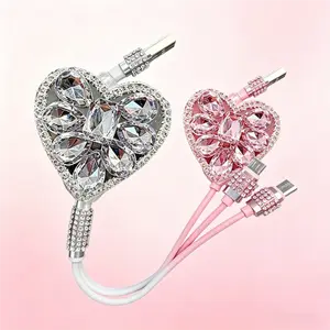 Rhinestone Heart Charging Cable Charger Data Sync Fast Charging 3 in 1 Retractable Cord USB-A Type-C Lightning Durable Compatible for iPhone Android Universal Compatibility