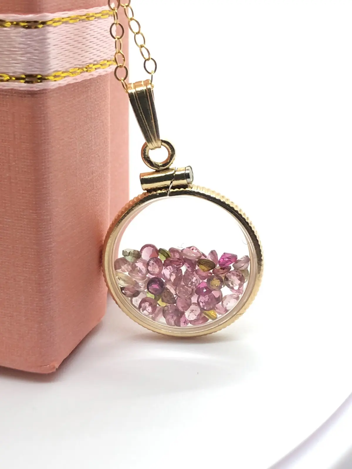 14k gold filled dime size Lucite Shaker Locket with Tourmaline October birthday