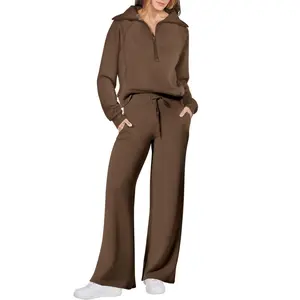 Women's Two Piece Set Casual Lapel Half Zipper Sweatshirt and Wide Leg Pants Sports Set