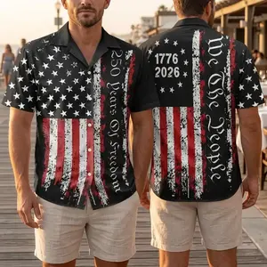 Patriotic American Flag Hawaiian Shirt for Men, 250 Years of Freedom Aloha Shirt, USA Independence Party Wear, America 250 Semiquincentennial