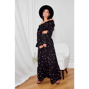 Black Polka Dot Top & Maxi Skirt 2-Piece Set