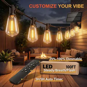 Outdoor LED string lights, yard outdoor lighting — solar-powered with remote control, available in 30 m/10 m lengths; ST38 bulbs with dimmable LEDs; length options: 100 ft/33 ft; porch lighting; IP65 waterproof rating; energy-saving, shatter-resistant LED