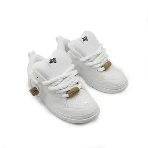 White Unisex Chunky Bread Sneakers, Thick Padded Tongue, Smooth Leather Upper with Extra Thick White Rope Laces, Fashion Couple Shoes for Men and Women, Perfect for Daily Walking