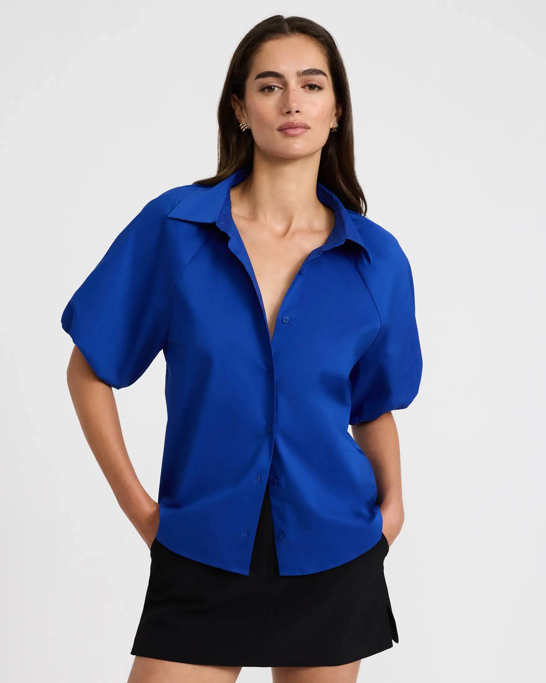 Express Women's Spandex-Blend Stretch Cotton Poplin Puff Sleeve Button Blouse, Stylish Top for Women's Clothes, Blouses