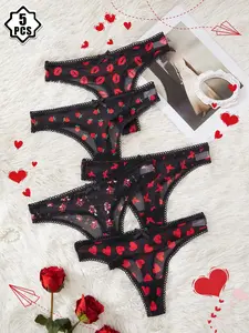 5 PCS Set Sexy Fashion Mesh Patchwork Thongs Drop Waist Panty Romantic Half-Transparent Lace Bow Underwear Soft Comfort Heart Floral Strawberry Pattern Fashion Comfy Underwear Contrast Lace Panties