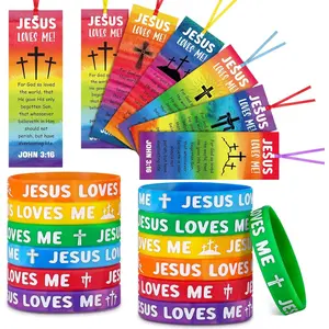 60 Pcs Christian Gift Jesus Loves Me Wristbands John 3:16 Bookmarks Include 30 Religious VBS Bible Verse Wristbands 30 Inspirational Cross Bookmark for Kids Church Sunday School