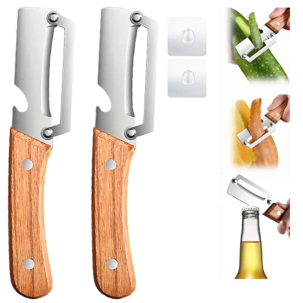 2Pcs Stainless Steel Thickened Fruit Peeler Knife & 2Pcs Hooks Kit, Multi-Functional Ultra-Sharp Blade with Wooden Handle and Bottle Opener, For Vegetables or Fruits that Need to Be Peeled