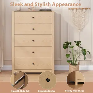 OP-Garvee Modern 5 Drawer Dresser Chest – Tall Wooden Storage Cabinet with Deep Drawers, Metal Knobs, For Bedroom, Living Room, Entryway, Hallway, Kids Room – Natural Oak & Gray Print Girls Vanity Set espresso coffee stand High Table