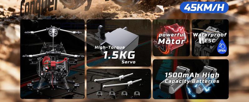 DEERC 1:12 RC Cars, 28MPH High Speed 4WD Off-Road Monster Truck, Short Course Truck with 2 Batteries, All Terrain Remote Control Car 2.4GHz, Spare Tire & LED Lights