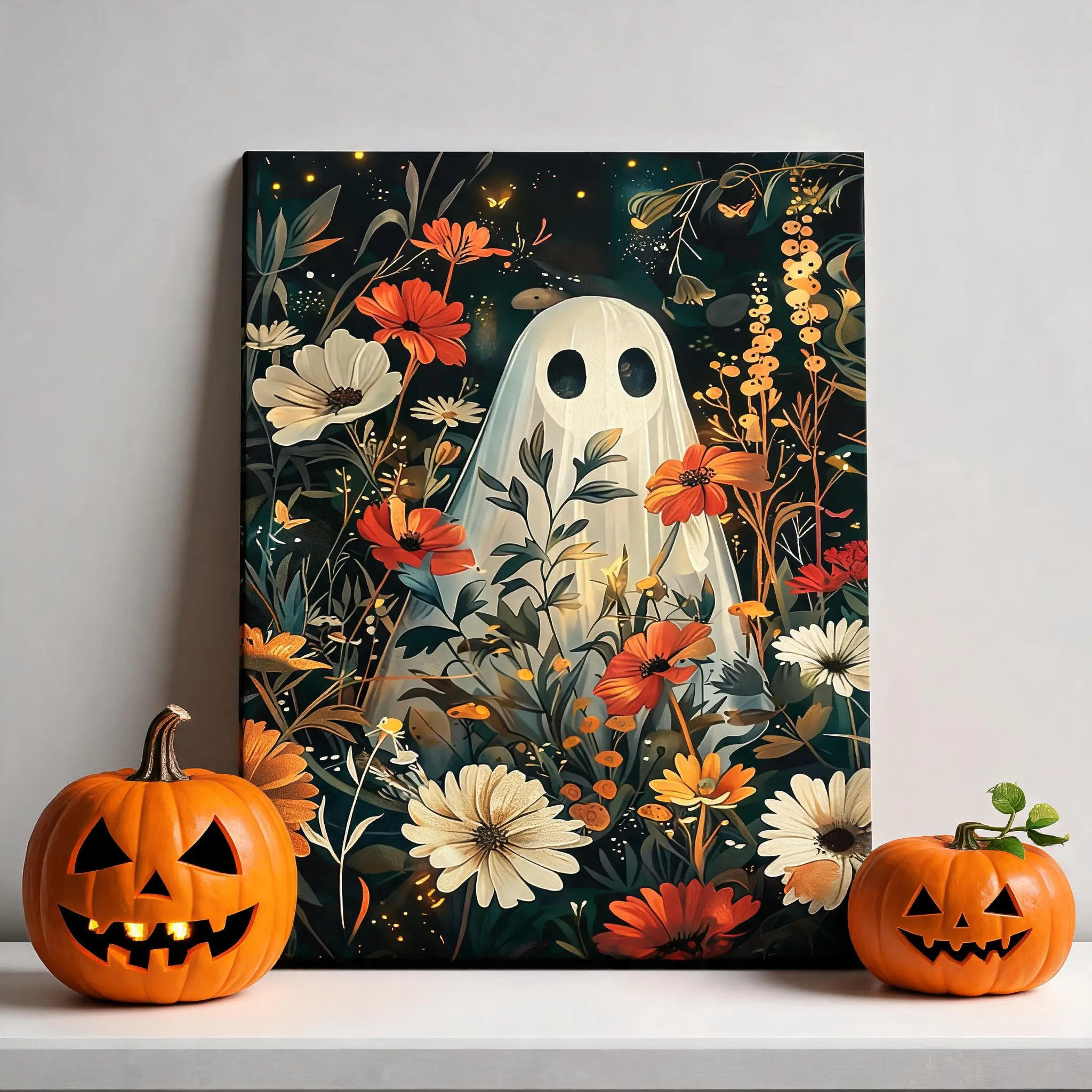 Vintage Halloween Ghost Wall Art, Cute Ghost Floral Wall Art Poster, Botanical Gothic Print, Spooky Cottagecore Room Decoration, Dark Floral Home Decor