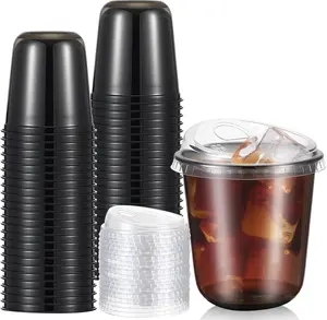 50 Sets Clear Plastic Coffee Cups with Sip , Disposable Plastic PET  Cups for Iced Coffee, Smoothie, Cold Beverage, Drink Shops and Party Catering(Black,12 oz)