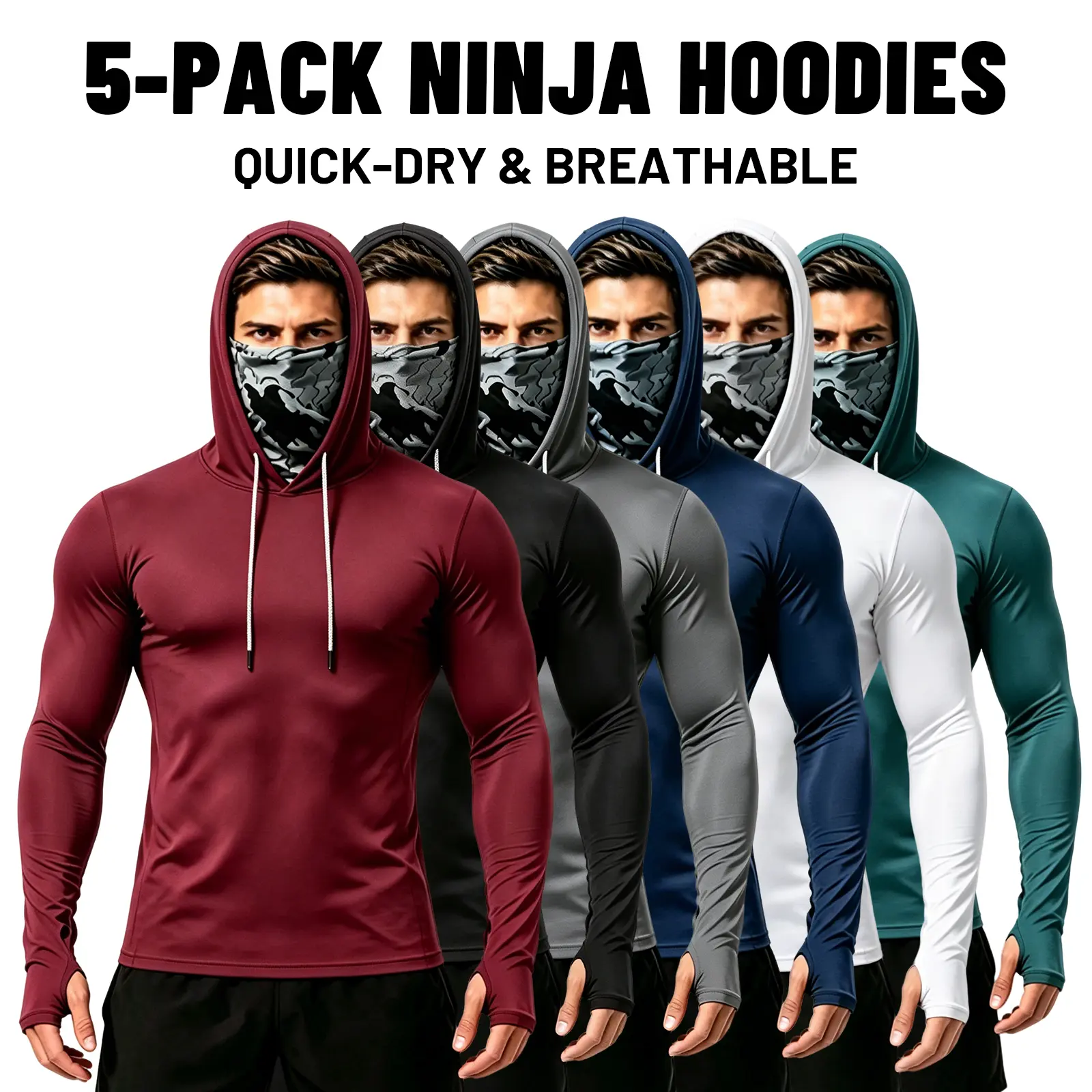 6/5/3 Pack Men's Sun Protection Long Sleeve Hooded Shirts, 4-Way Stretch Quick Dry Compression Work Shirt with Built-in Face Mask & Neck Gaiter, UV Protection for Fishing Cycling Gardening Outdoor Work,back to school,back to school shopping