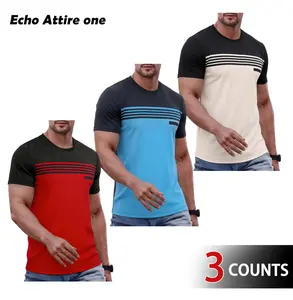 Echo Attire Men’s 3-Piece Short-Sleeve T-Shirt Set, striped panel design, casual everyday wear, comfortable breathable fabric with mesh panels, summer menswear, sports fitness apparel