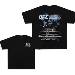 UFC Mens Black 2025 International Fight Week T-Shirt Core Logo Graphic Tee Official MMA Fan Shirt Ultimate Fighting Championship Gear Casual Round Neck Fabric Soft Top Classic Clothes Cotton Fitted Streetwear Tshirt