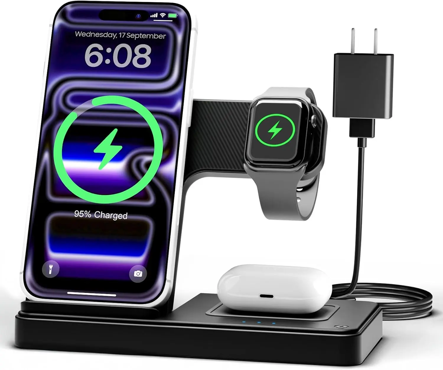 Wireless Charger iPhone Charging Station for Apple Multiple Devices | 3 in 1 Charger Stand for iPhone 17 Pro Max iphone Air 16 16e 15 14 13 12 & Watch Series 11-2 SE Ultra & Airpods 4 3 Pro