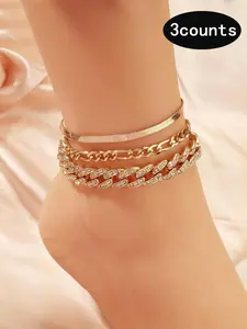 Women's Elegant Rhinestone Decorated Snake Chain Anklet,  Trendy Multi-layered Cuban Chain Anklet, Dainty Layered Anklet, Fashionable Body Jewelry for Women & Girls for Decoration, Trendy Jewellery Accessories