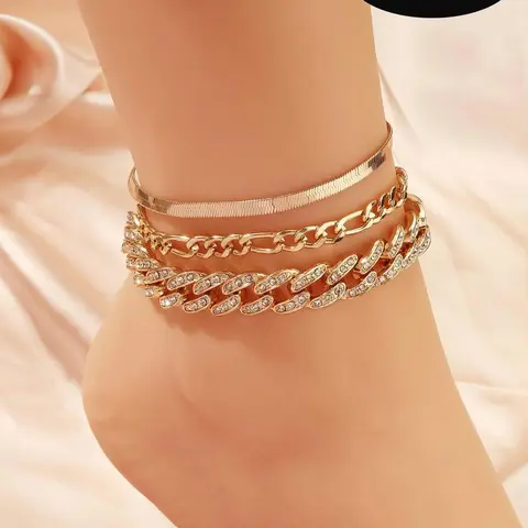 Women's Elegant Rhinestone Decorated Snake Chain Anklet,  Trendy Multi-layered Cuban Chain Anklet, Dainty Layered Anklet, Fashionable Body Jewelry for Women & Girls for Decoration, Trendy Jewellery Accessories, Foot Jewelry, Elegant Accessory