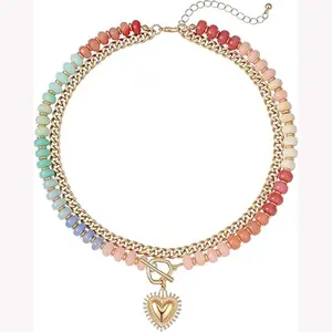Dopamine Colorful Beaded Necklace Ethnic-Style Collarbone Chain Boho Style with Stackable Heart Pendant for Stylish Looks and Versatile Jewelry