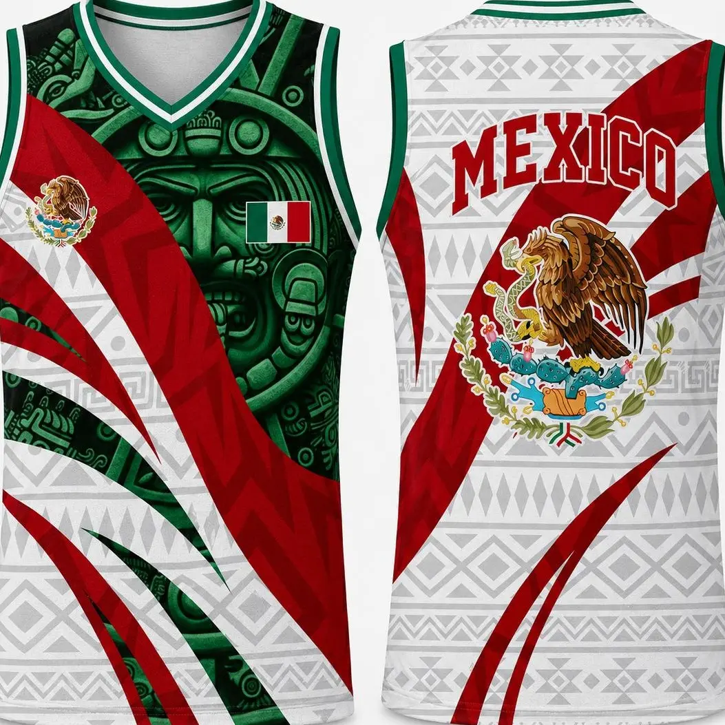 Mexico Flag Basketball Jersey with Aztec Pattern and Eagle Emblem, Unisex Adult Sleeveless V-Neck Tank Top, Athletic Cut for Fan Streetwear, Mexico Jersey