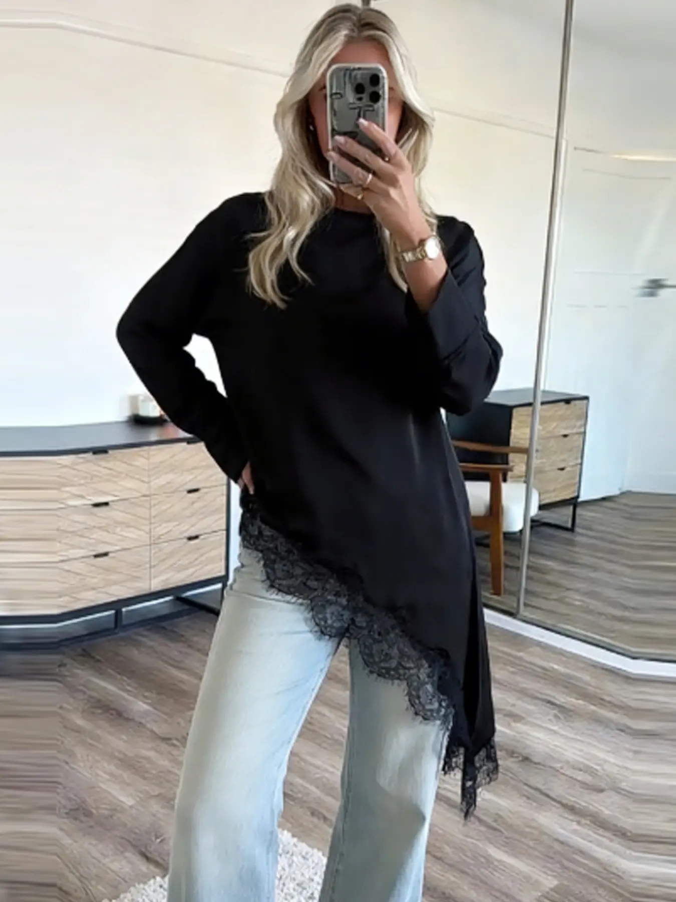 Satin Lace Asymmetric Shirt Woman Blouses Spring Autumn 2026 Elegant Black O-Neck Fitted Long Sleeve Tops For Woman Business Work Tops Minimalist Office Layering & Glam Versatile Blouses Casual Blouses Casual Chic Top Casual Elegant Classy