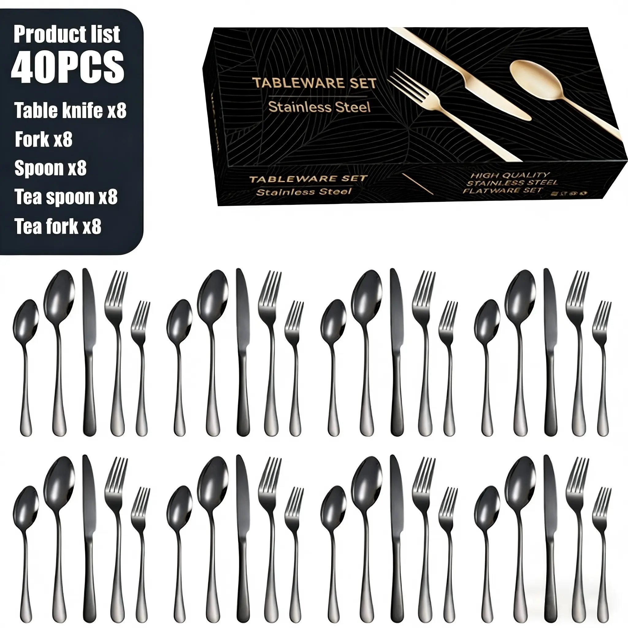 20/40/60 Pieces Titanium Plated Stainless Steel Kitchen Cutlery Set Steak Knife Fork Spoon Combo Gift Box Pack Dishwasher Safe Home Outdoor Wedding Festival Party Tableware Utensils