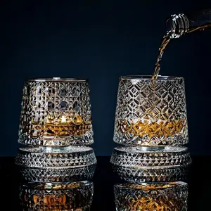2PC Rotating Crystal Glass Cup | Vintage Elegant Reusable Drinkware for Juice, Coffee, Cocktails, Whiskey & More | Perfect for Kitchen, Bar, Restaurant, Father’s Day & Gift Ideas