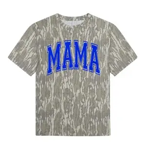 MAMA Camo Graphic T-Shirt Blue Varsity Letter Print Casual Mom Tee