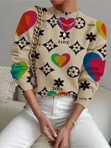 Women's Geometric Heart Print Stand Collar Sweater, Casual Fitted Long Sleeve Knitwear for Fall Winter, Comfortable Warm Daily Wear
