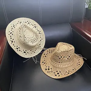 Men & Women's Summer Cowboy Cowgirl Straw Hat – Hollow Out Woven Design with Roll Up Wide Brim, Perfect for Outdoor Adventures, Travel, and Paper Straw Durability