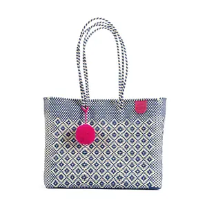 Mixte Woven Super Tote Bag - Navy Blue & Beige - Women's Tote Bag - Eco-Friendly Beach Bag Handmade by Artisans with Recycled Plastic