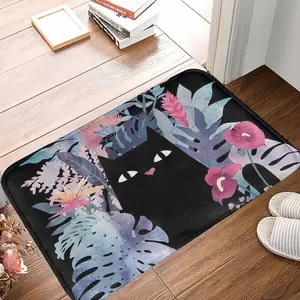 Black Cat Tropical Leaves Doormat Botanical Floral Print Durable Non Slip Easy Clean Perfect for Entryway Living Room Balcony Housewarming Gift and Office Decor