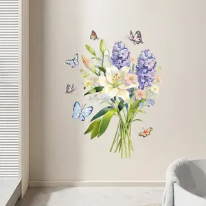 Floral Wall Sticker 45x60cm, Self-Adhesive PVC Decal, Includes Lily, Crocus, Butterfly Patterns, Bedroom Living Room Decor