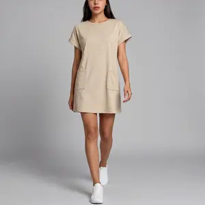 Women's One-piece Dress Casual Shirt Dress Short Sleeve Backless Short Skirt Trendy Dress with Pockets