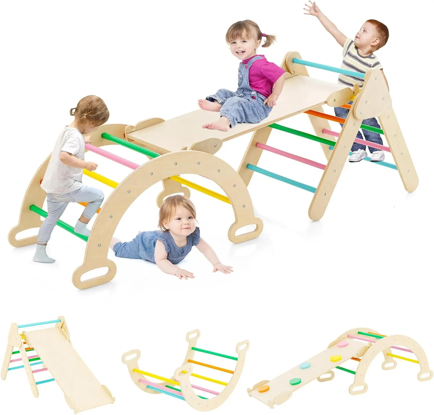 Costzon Climbing Toys for Toddlers, Foldable Montessori Wooden Arch Climber Ladder with Sliding Ramp, Multi-Combination Methods, Rainbow Kids Triangle Climber Play Gym Set for Boys Girls Gift Present