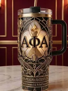 Alpha Phi Alpha 40oz Tumbler with Handle | Custom AFA Fraternity Gifts | Premium Black & Gold Insulated Travel Mug with Straw